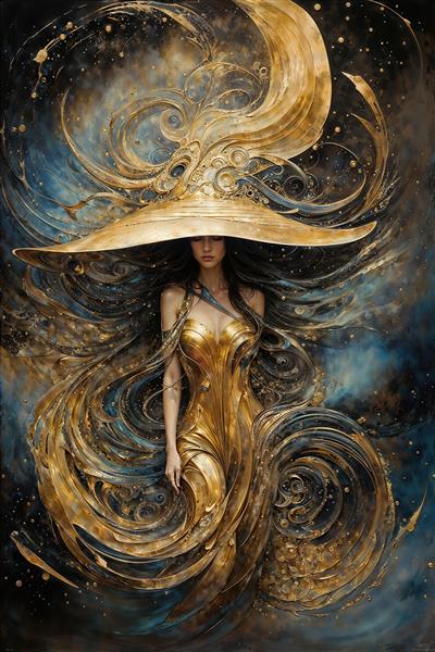 طرح فانتزی جادوگر طلایی در میان گردباد ستاره‌ای جهت پوستر دیواری اتاق نوجوان، گیم‌نت و فضاهای مدرن و خلاقانه