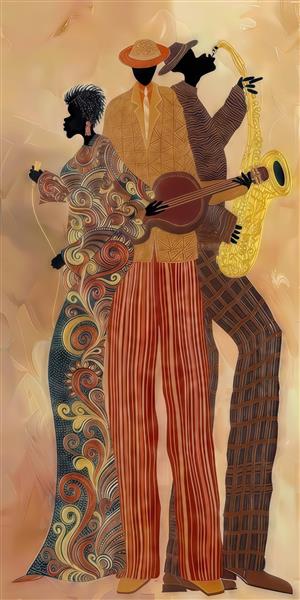 طرح انتزاعی نوازندگان جاز با استایل آفریقایی مناسب دکوراسیون کافه، آموزشگاه موسیقی و چاپ روی ماگ، تیشرت و کیف پارچه‌ای