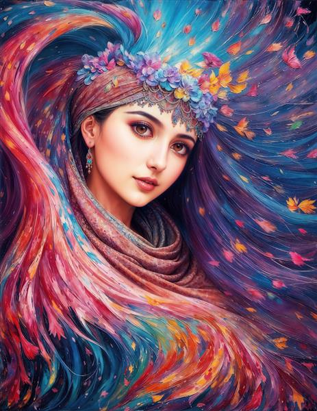 چهره دختر شرقی با سربند گل و رنگ‌های شاد سبک سورئال ویژه پوستر دیواری اتاق دخترانه، مهدکودک و محیط‌های هنری خلاقانه