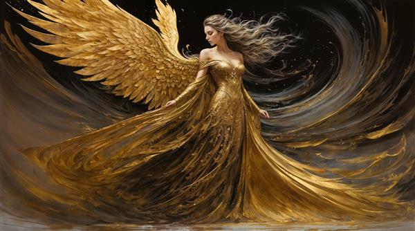 تصویر گرافیکی الهه بالدار با لباس دنباله‌دار طلایی مناسب چاپ روی پوستر دیواری عریض، پرده تصویری و ست روتختی بزرگسال