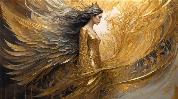 طرح انتزاعی ملکه طلایی با بال‌های پهن برای دیوار پشت تلویزیون و تابلو بوم دکوراتیو در فضاهای مجلل و عمارت‌های مدرن