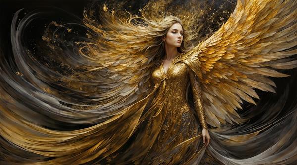 پوستر دیواری فرشته بالدار طلایی با لباس باشکوه در زمینه تاریک جهت نصب در اتاق نشیمن لوکس، تالار پذیرایی و پشت میز مدیریت