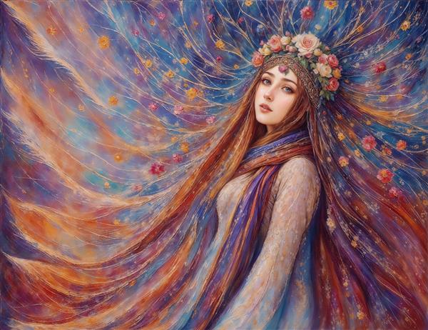 نقاشی هنری چهره زن با موهای افشان و تاج گل رنگارنگ ایده‌آل برای تابلو دکوراتیو اتاق خواب و چاپ روی کوسن و دفترچه یادداشت
