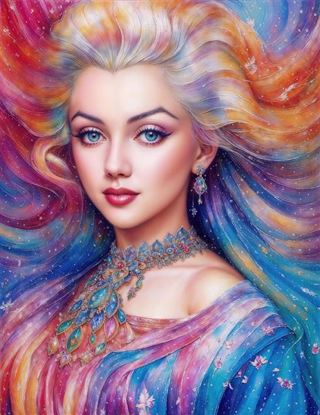 پرتره فانتزی مرلین مونرو با موهای رنگین‌کمانی و گردنبند فیروزه برای پوستر دیواری مزون‌های لباس و گالری هنری