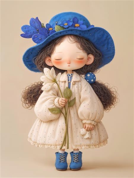 عروسک دختر مو فرفری با کلاه آبی و گل سفید برای پوستر دیواری اتاق کودک و نوزاد و جلد دفتر