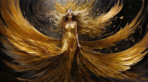 پوستر دیواری لاکچری زن طلایی با بال‌های پهناور و درخشان ویژه دکوراسیون دیوار شاخص و پشت مبلمان