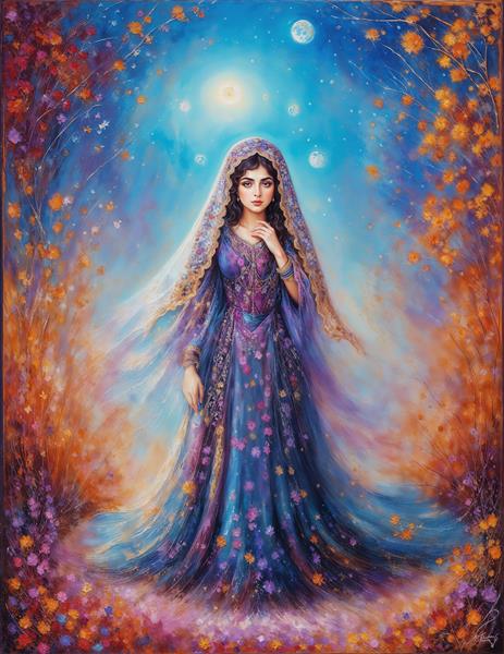 بانو با پوشش اصیل در میان درختان پاییزی و مهتاب برای پوستر دیواری اتاق مطالعه و فضاهای آرامش‌بخش