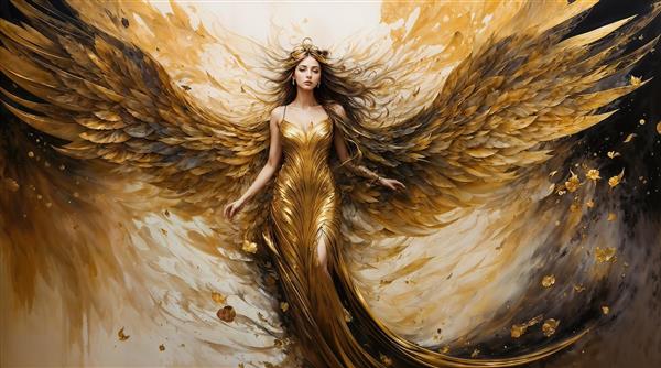 طرح فرشته نگهبان با بال‌های بزرگ مسی و طلایی برای پوستر دیواری لابی مجتمع‌های مسکونی و هتل