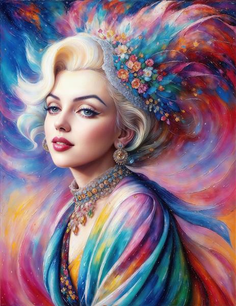 پرتره هنری مریلین مونرو با آرایش رنگارنگ و گل برای پوستر دیواری مدرن کافه و سالن آرایش