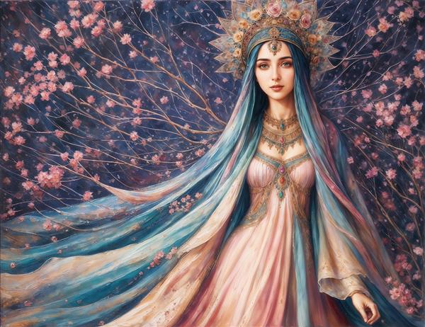 بانو با لباس حریر در باغ شکوفه‌های گیلاس مناسب پوستر دیواری سالن زیبایی و اتاق خواب دخترانه