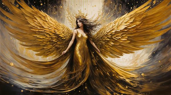 تصویر باشکوه بانو با بال‌های گشوده طلایی مناسب پوستر دیواری سه بعدی پشت تلویزیون و فضاهای تجاری لوکس
