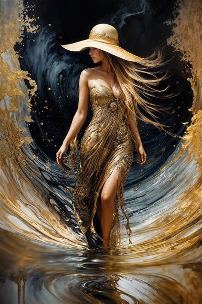 طرح انتزاعی بانو در لباس طلایی میان امواج تیره ویژه پوستر دیواری سه بعدی لابی هتل و پرده‌های تصویری مدرن