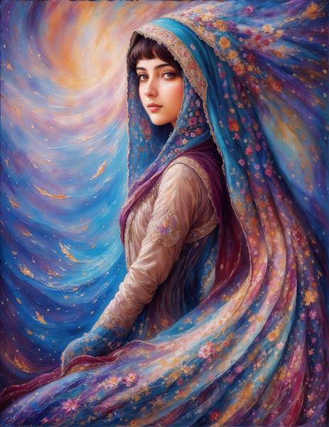 نقاشی هنری دختر ایرانی با پوشش سنتی و شال رنگارنگ برای پوستر دیواری اتاق خواب مستر و روتختی چاپی با طرح اسلیمی