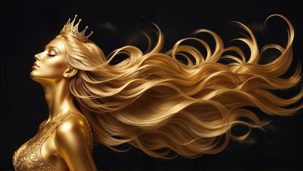 تصویر گرافیکی زن طلایی با موهای افشان و تاج سلطنتی مناسب پوستر دیواری پذیرایی و تالارهای مجلل و چاپ روی بوم لوکس