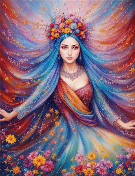 پوستر دیواری فانتزی بانو با موهای رنگین‌کمانی و دشت گل برای ایجاد فضایی شاد در اتاق کودک، مهدکودک و سالن‌های یوگا