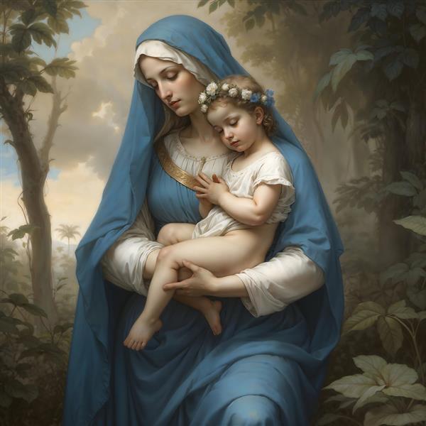 تصویر معنوی مادر و کودک در دل طبیعت مناسب برای دکوراسیون اتاق کودک، کلینیک‌های بارداری و چاپ روی آلبوم عکس خانوادگی