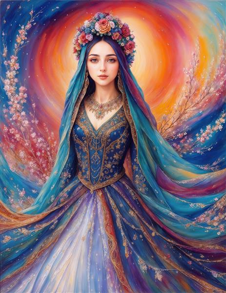 طرح رویایی بانو با تاج گل و پیراهن کهکشانی برای پوستر دیواری اتاق خواب، تالار تشریفات و چاپ روی ملحفه و روتختی دونفره