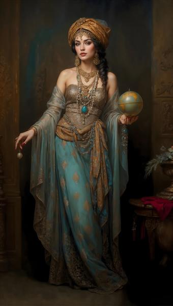 تابلو نقاشی کلاسیک بانو با لباس اشرافی و گوی جهان‌نما مناسب برای دکوراسیون کتابخانه، اتاق کار و پشت میز پذیرش هتل‌های سنتی