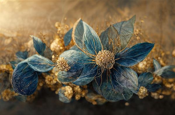 پوستر دیواری گل‌های فانتزی سرمه‌ای و مسی با بافت هنری ویژه سالن پذیرایی، پشت تلویزیون و چاپ روی کوسن و رومیزی مدرن