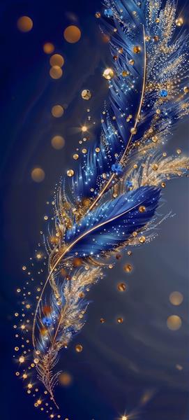 پوستر دیواری مدرن با طرح پرهای سورمه‌ای و ذرات معلق طلایی مناسب برای پشت تختخواب، لابی هتل و چاپ روی پرده‌های پانچ