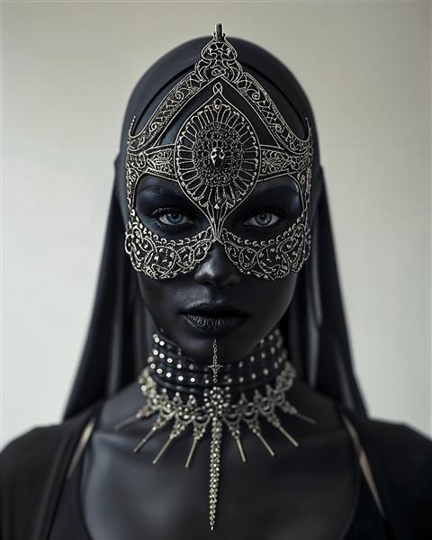 تصویر مفهومی زن با نقاب و جواهرات نقره‌ای و مشکی خیره‌کننده برای پوستر دیواری مدرن اتاق کار، مزون و چاپ روی قاب موبایل