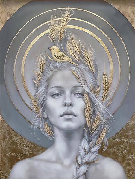 طرح هنری صورت بانو با خوشه‌های گندم و پرنده کوچک مناسب برای دکوراسیون اتاق خواب، کلینیک‌های زیبایی و چاپ روی ظروف تزیینی و ماگ