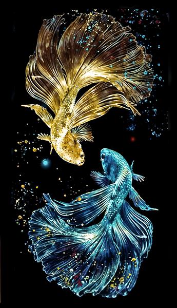 پوستر دیواری سه بعدی ماهی‌های درخشان طلایی و آبی در زمینه مشکی ویژه اتاق پذیرایی، سالن‌های ماساژ و چاپ روی آسمان مجازی و کوسن