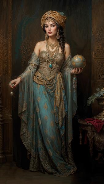 تصویر هنری بانو با لباس کلاسیک فیروزه‌ای و جواهرات سنتی ایده‌آل برای دکوراسیون تالار، لابی هتل و چاپ روی پرده‌های تصویری مجلل