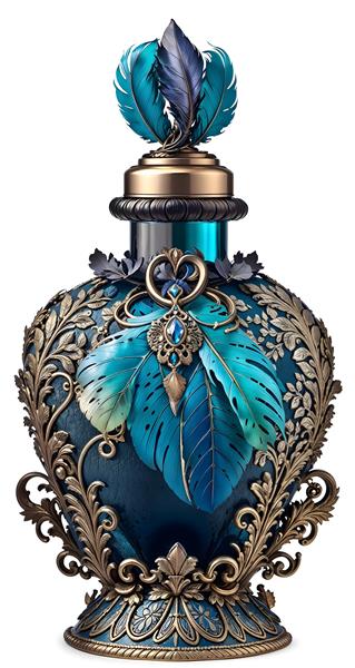 طرح لوکس شیشه عطر فیروزه‌ای و طلایی مزین به پر برای تابلوی دکوراتیو مزون‌ها و آرایشگاه‌های زنانه و چاپ روی بنرهای تبلیغاتی