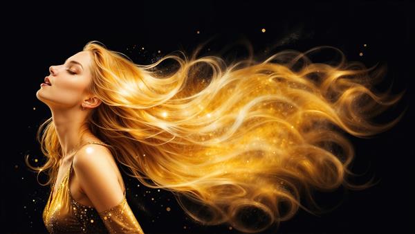 پوستر دیواری زن زیبا با موهای افشان طلایی و درخشان مناسب برای سالن‌های زیبایی و اتاق خواب با قابلیت چاپ روی تابلوی بوم و پوستر سه بعدی