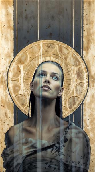 طرح مذهبی و معنوی چهره زن با هاله نور طلایی مناسب برای فضاهای آرام و دکوراسیون مدرن