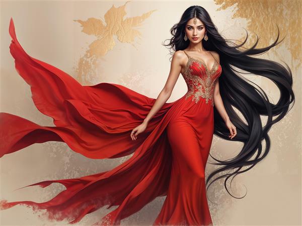 طرح گرافیکی زن با لباس قرمز بلند در حال حرکت برای پوستر دیواری سالن‌های مد و فروشگاه‌های پوشاک