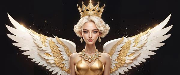 پوستر دیواری با شکوه فرشته با بال‌های سفید و تاج طلایی مناسب برای مزون‌ها و سالن‌های بزرگ