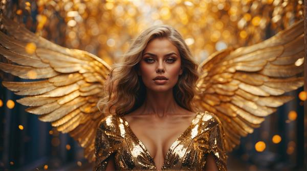طرح فرشته بالدار طلایی با چهره خیره‌کننده برای چاپ روی پرده، روتختی و پوستر دیواری اتاق خواب مستر