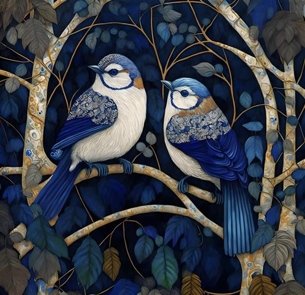 پوستر دیواری نقاشی پرندگان آبی روی شاخه درخت در شب مناسب برای اتاق خواب و فضاهای آرامش‌بخش