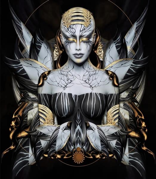 طرح انتزاعی متقارن زن با گریم سیاه و سفید و المان‌های طلایی مناسب برای پوستر دیواری سالن پذیرایی مدرن