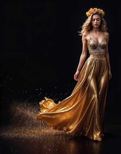 پوستر دیواری شیک زن با دامن بلند طلایی و تاج گل مناسب برای دکوراسیون داخلی ویلا و سالن‌های بزرگ