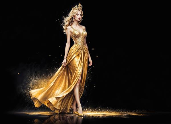 طرح سلطنتی زن با لباس مجلسی طلایی و تاج درخشان برای چاپ پوستر دیواری پشت تخت خواب و مزون‌های لباس عروس