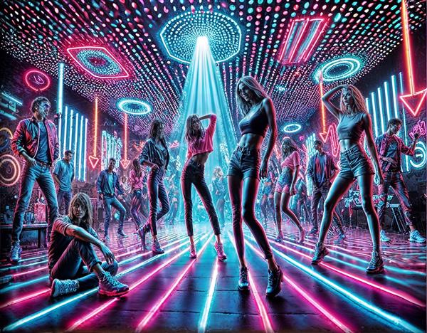 تصویر گرافیکی مهمانی مدرن با نورپردازی نئون و لیزر ویژه چاپ پوستر دیواری تالار پذیرایی، باشگاه و کافی‌شاپ