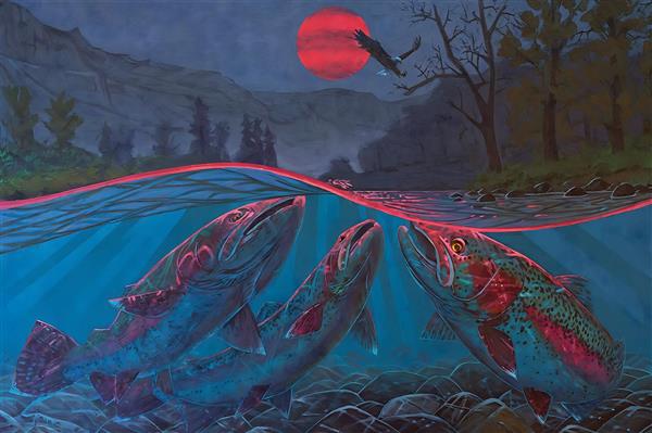 طرح نقاشی سورئال ماهی‌های رودخانه زیر ماه سرخ مناسب برای تابلو دکوراتیو اتاق مطالعه و دکوراسیون رستوران دریایی