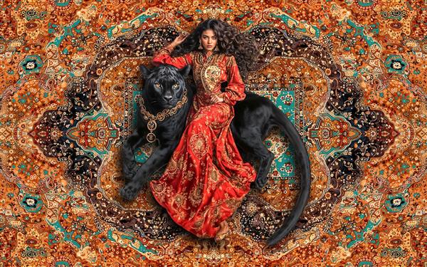 تصویر لوکس بانوی شرقی و پلنگ سیاه با تم طلایی مناسب برای پوستر دیواری سه بعدی و دکوراسیون تجاری خاص