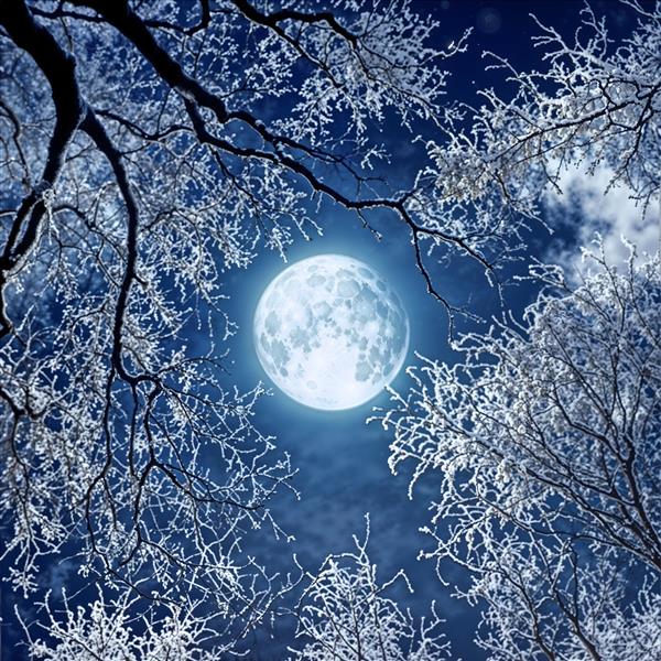 منظره زمستانی درختان یخ‌زده و برفی زیر نور ماه برای چاپ پوستر دیواری مینیمال و دکوراسیون ویلاهای کوهستانی