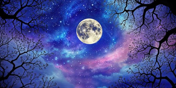 طرح آسمان رویایی صورتی و بنفش با ماه کامل در میان شاخه‌های ظریف برای پوستر دیواری رمانتیک و ملایم اتاق خواب