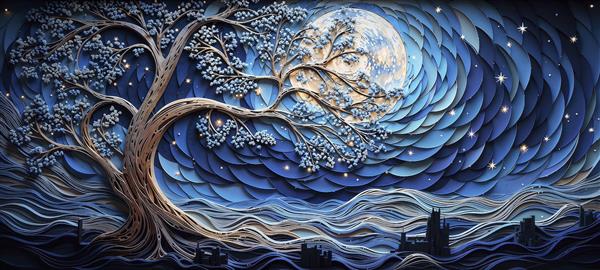 تابلو هنری درخت زندگی با طرح شب پر ستاره ون گوگ و ماه کامل مناسب برای پوستر دیواری پذیرایی و اتاق خواب