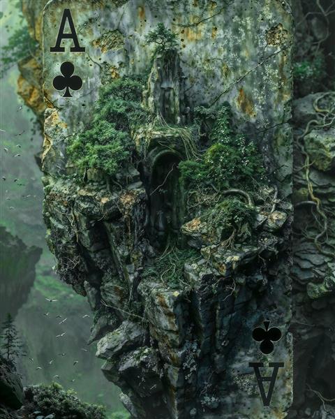 طرح کارت تک گشنیز با معماری صخره‌ای و پوشش گیاهی معلق مناسب برای پوستر دیواری سه بعدی و فضاهای فانتزی