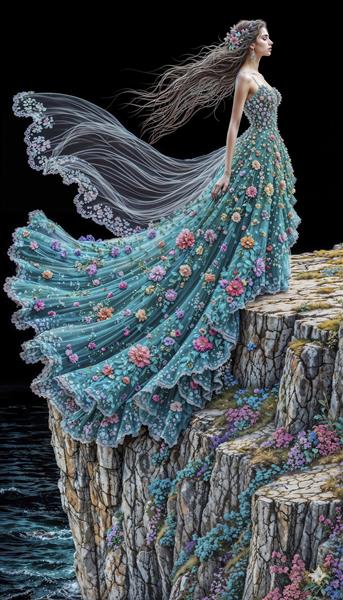 بانویی با لباس بلند شکوفه‌دار بر فراز صخره مشرف به دریا مناسب برای پوستر دیواری مزون عروس و تالارهای پذیرایی لوکس