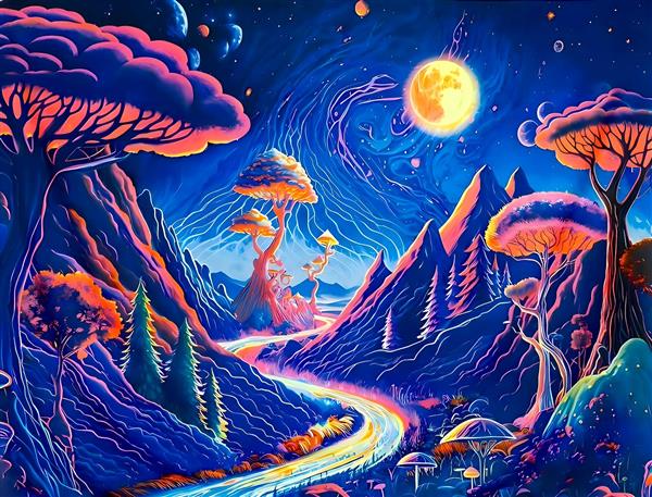 منظره سورئال کوهستان و قارچ‌های جادویی با رنگ‌های نئونی و درخشان ویژه چاپ پوستر دیواری سه بعدی گیم‌نت و اتاق نوجوان