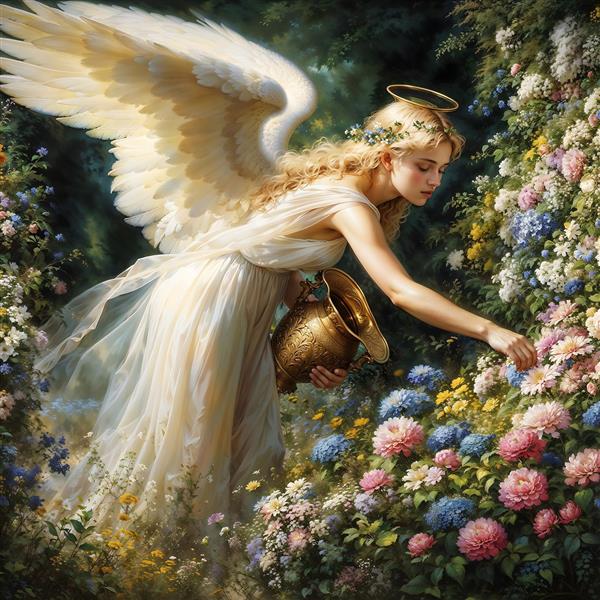 تصویر فانتزی فرشته با بال‌های بزرگ در باغ گل‌های بهاری مناسب برای چاپ کاغذ دیواری اتاق کودک و نوزاد یا پس‌زمینه کتاب داستان