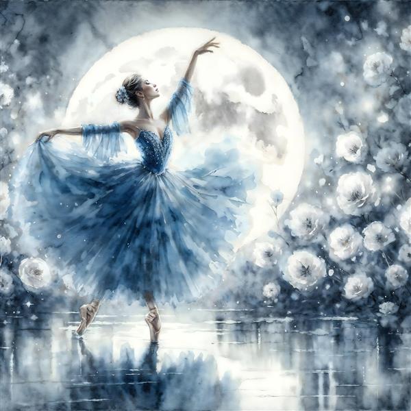 نقاشی آبرنگ رقص باله زیر نور ماه کامل و گل‌های سپید مناسب برای تابلو دکوراتیو اتاق خواب و سالن‌های آموزش رقص