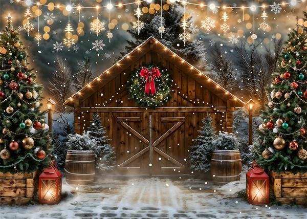 طرح کریسمس کلبه چوبی برفی با درختان تزیین شده و ریسه نورانی برای چاپ پوستر دیواری آتلیه و دکوراسیون تالار و هتل